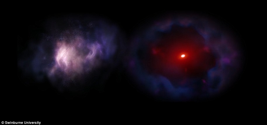 Se cree que las galaxias brutales, también conocidas como galaxias starburst, son las predecesoras de las galaxias masivas como la Vía Láctea en el mundo actual.  Esta imagen es una impresión artística de ZF-COSMOS-20115, una galaxia monstruosa descubierta en 2017.