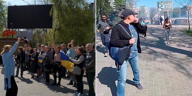 Se ve a personas huyendo de la manifestación en Kherson el miércoles 27 de abril.