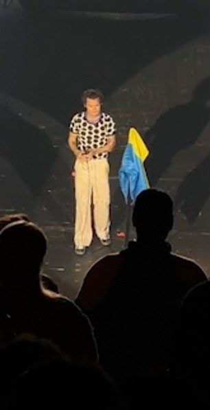 Pensativo: mostrando su apoyo a la Ucrania devastada por la guerra, el ex miembro de la banda One Direction llevó su bandera durante un momento emotivo.