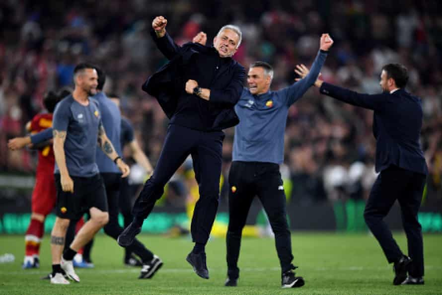 Roma manager Jose Mourinho celebrates after winning the Europa Conference League.