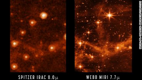 Compare la nitidez y el nivel de detalle capturado por el telescopio espacial Spitzer (izquierda) y el telescopio espacial James Webb (derecha).