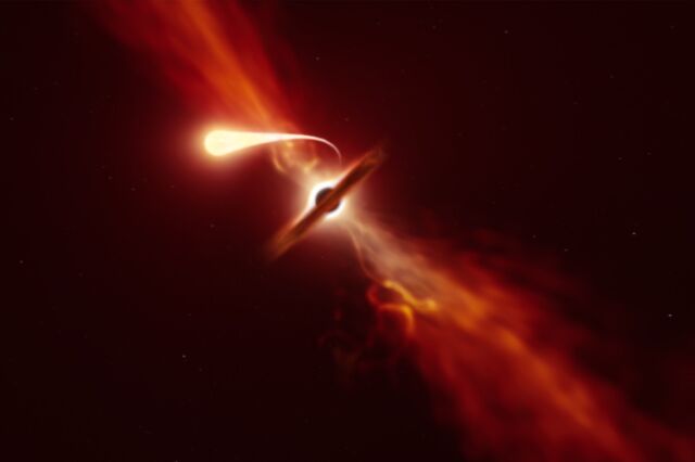 Impresión artística de una estrella interrumpida gradualmente por la fuerte atracción gravitacional de un agujero negro supermasivo.