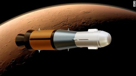 Esta ilustración muestra el Mars Ascent Rover de la NASA en órbita alrededor de Marte con las muestras a bordo.