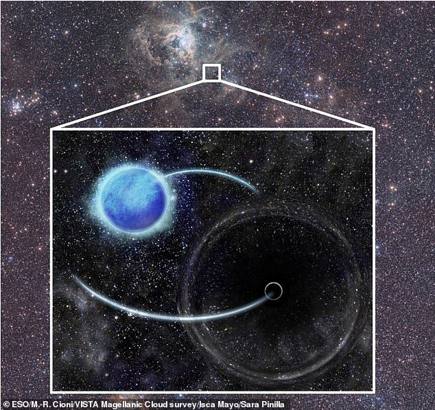 Impresión artística del sistema binario VFTS 243. La imagen de fondo muestra la imagen del Visible and Infrared Survey Telescope for Astronomy (VISTA) de una parte de la Gran Nube de Magallanes, que indica la región en la que se encuentra VFTS 243. Los tamaños de estrellas y agujeros negros y las órbitas no están cerca unas de otras.