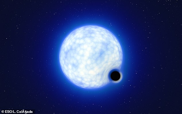 Impresión artística del sistema binario VFTS 243. El sistema, ubicado en la Nebulosa de la Tarántula en la Gran Nube de Magallanes, consta de una estrella azul caliente de 25 veces la masa del Sol y un agujero negro, que tiene al menos nueve.  el doble de la masa del sol