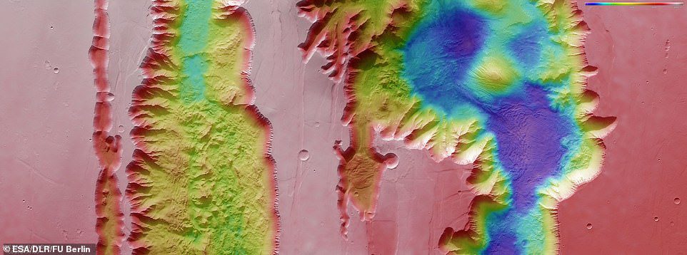 En la imagen superior: una imagen topográfica codificada por colores que muestra a Ius y Tithonium Chasmata, que forman parte de la estructura del Cañón Valles Marineris de Marte, creada a partir de datos recopilados por Mars Express de la ESA.