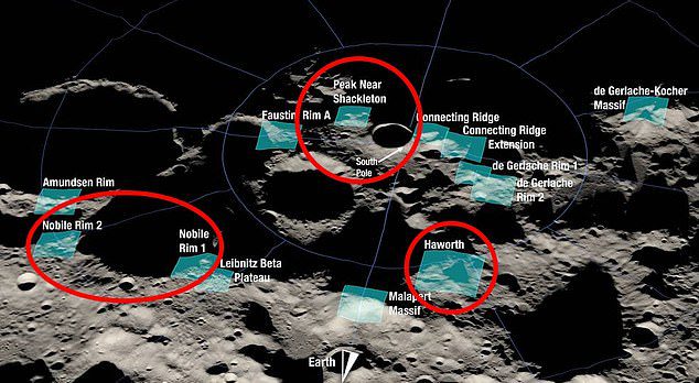 Chinese Artemis 3 y Chang'e-7 identifican sitios cerca de los cráteres Shackleton, Haworth y Nobile como posibles zonas de hundimiento (áreas marcadas con un círculo rojo arriba).  Estas áreas de superposición albergan cráteres sombreados que pueden atrapar hielo de agua.