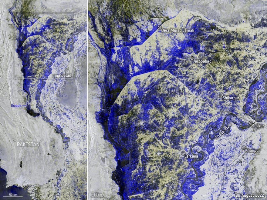 Los datos capturados por el satélite Copernicus de la Agencia Espacial Europea el 30 de agosto se utilizaron para mapear el alcance de las inundaciones que actualmente asolan Pakistán.