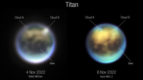 Los astrónomos compararon las imágenes de Titán de Webb (izquierda) y Keck para ver cómo evolucionaron las nubes.  La nube A parece rotar, mientras que la nube B parece disiparse.